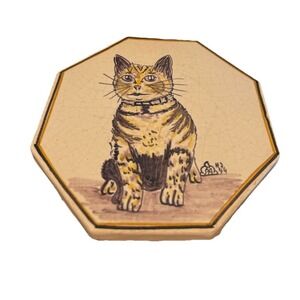 Vintage TILE SIGNED KITTY CAT HP POTTERY TRIVET TILE GALLE STYLE